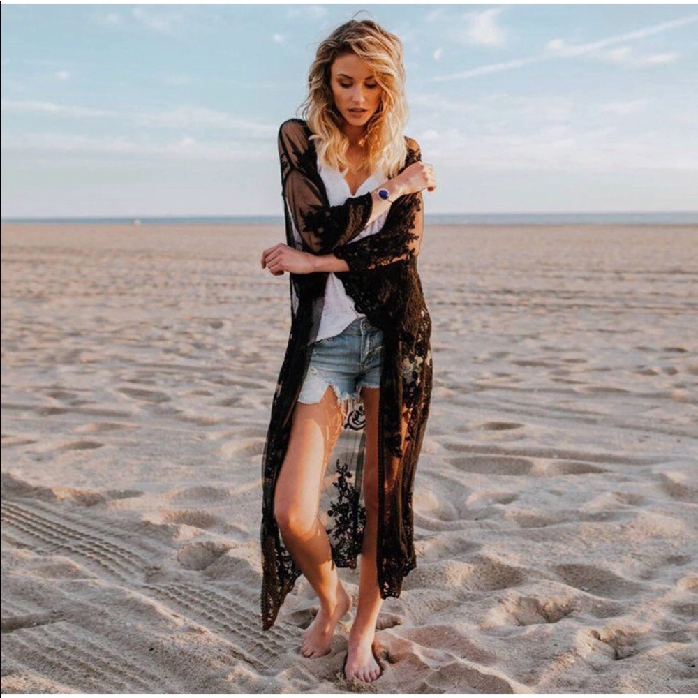 She & Sky Crochet Lace Midi Duster‎ Kimono Cardigan Black S/M $44